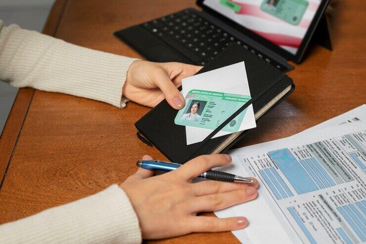 Person reviewing a Permanent Resident card and application forms for an Australian Financial Services Licence (AFSL).