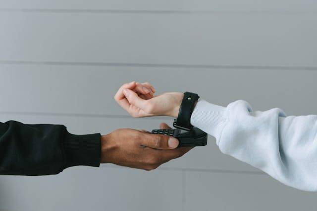 Hand using a contactless payment terminal with a smartwatch, showcasing non-cash payment technology.