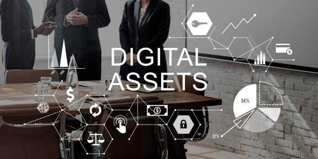 Digital assets concept with business people discussing financial charts and data.