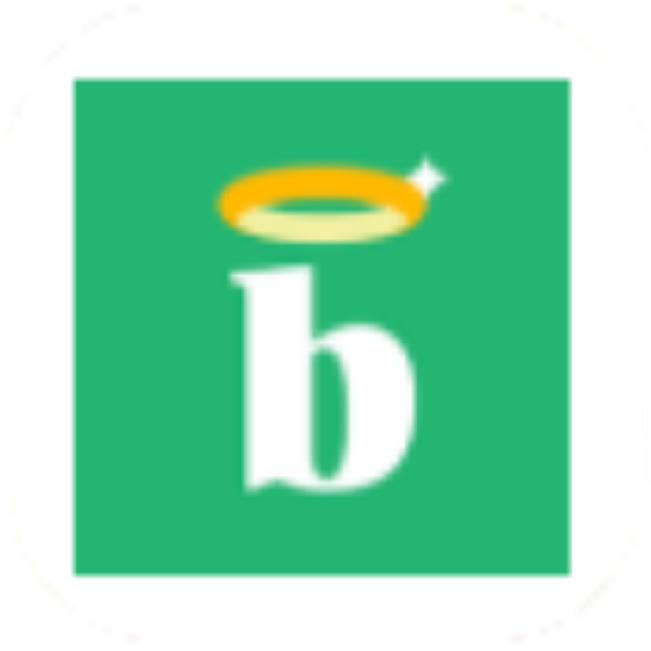 Green square with a white lowercase 'b' and a golden halo
