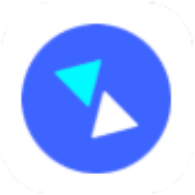 Blue circle with two overlapping triangles, one cyan and one white