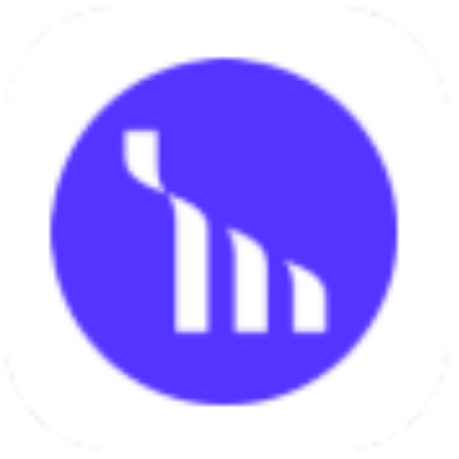 Blue circle with white abstract wave-like graphic, representing a brand logo.